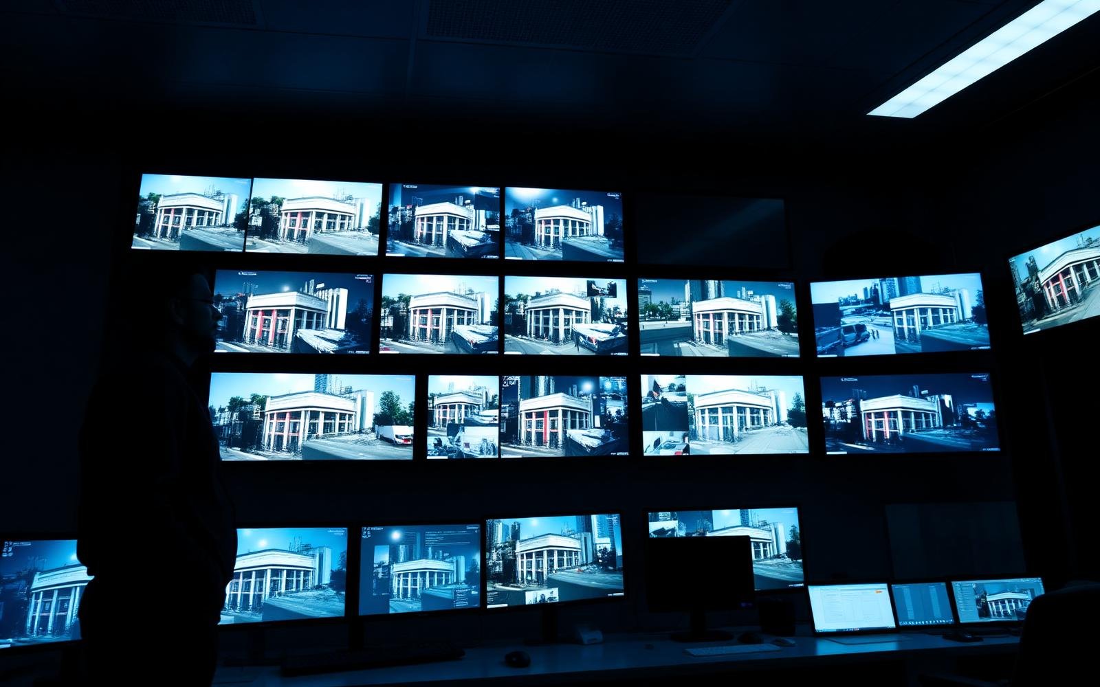 Security control room with a wall of CCTV monitors