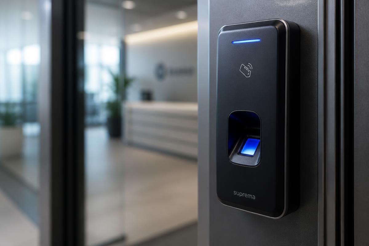 Biometric and RFID access control reader installed beside an office door